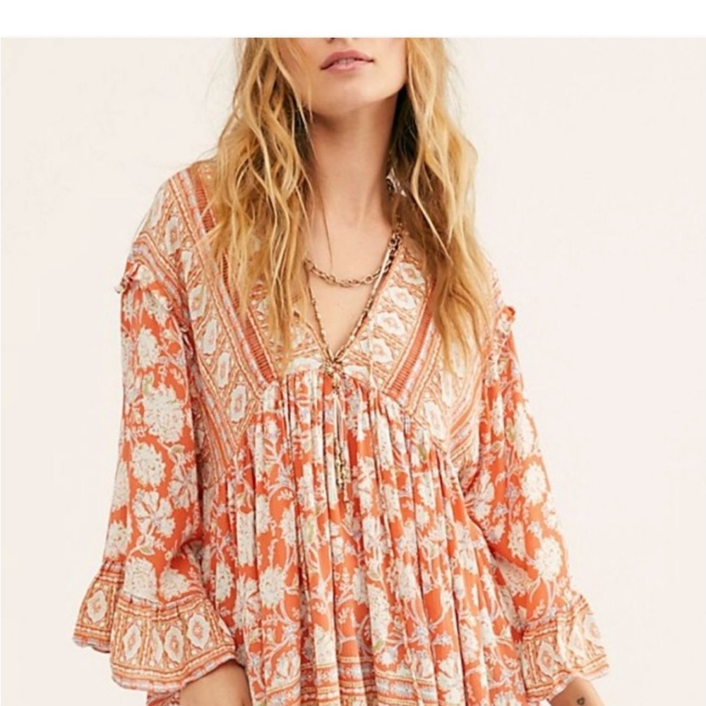Free People Orange Floral Gauzy Boho Peasant Blouse